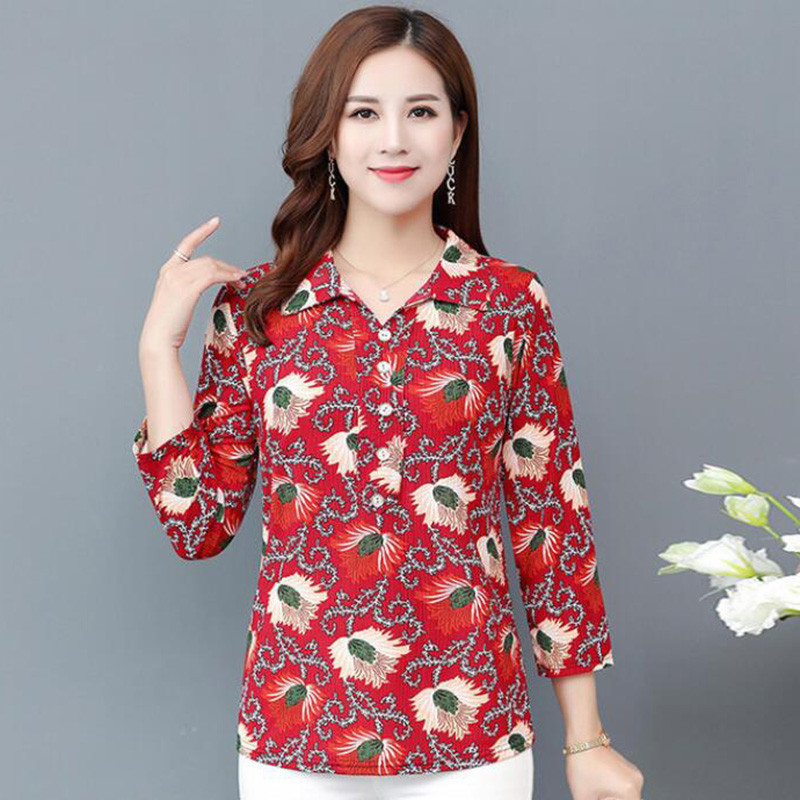 Sredovječne i starije ženske košulje Ljetne košulje na revere s printom dugih rukava Ležerna košulja Bluza Ženske majice Majčinska haljina 5XL