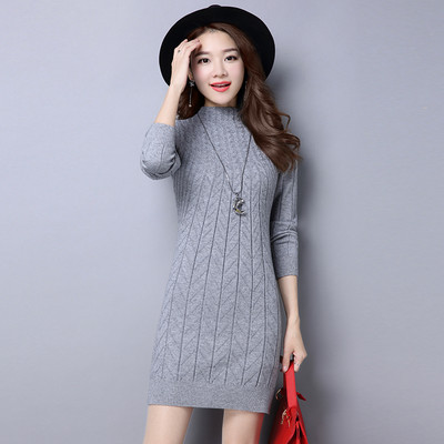 Pulover tricot de lungime medie ocazional pentru femeie de mărime mare, de culoare solidă, cu fundul versatil, pulover gros, subțire, rochie de damă, toamnă iarnă nou