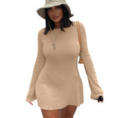 2023, stil european și american, rochie nouă pentru femei, culoare solidă, cu mâneci lungi, sexy, fără spate, subțire