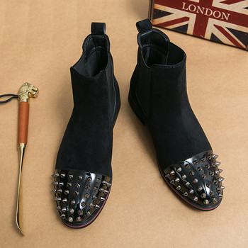 Нови черни обувки с червена долна част за мъже Ботуши Челси, велурени нитове, високи ботуши с квадратни пръсти, високи ботуши за открито, мъжки ботуши Botas De Hombre