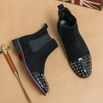 Нови черни обувки с червена долна част за мъже Ботуши Челси, велурени нитове, високи ботуши с квадратни пръсти, високи ботуши за открито, мъжки ботуши Botas De Hombre