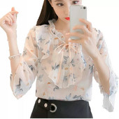 Bluze coreene din șifon pentru femei, vară, papion, guler, cămașă cu imprimeu floral Top casual roz negru Bluse pentru femei