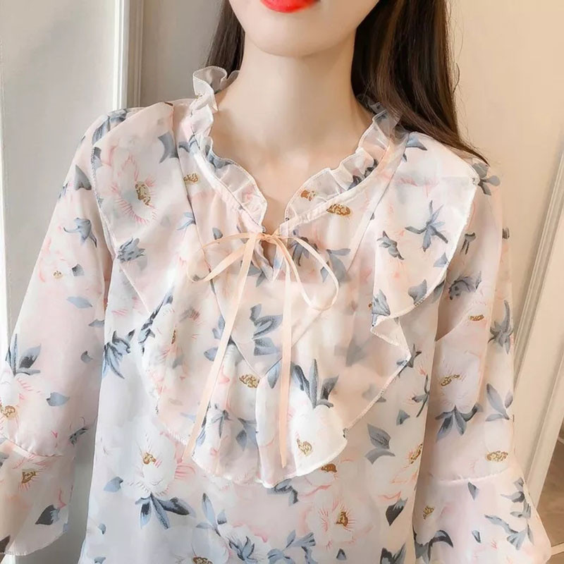 Šifona korejiešu blūzes Sieviešu vasaras tauriņš, statīvs apkakle ar ziedu apdruku krekls, ikdienas rozā melna sieviešu blūza