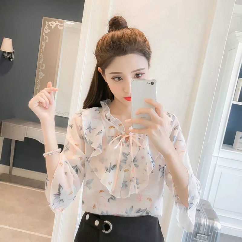 Šifona korejiešu blūzes Sieviešu vasaras tauriņš, statīvs apkakle ar ziedu apdruku krekls, ikdienas rozā melna sieviešu blūza