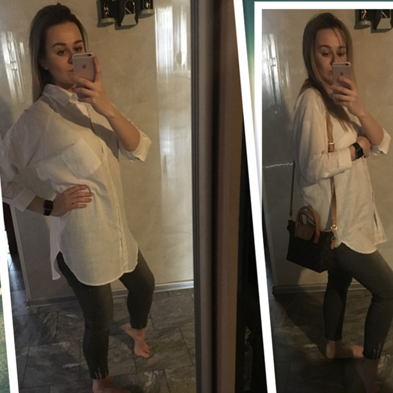 Ženske široke bluze Košulje Blusas majice Ženske proljeće ljeto Majice dugih rukava na okretanje i bluze Ležerna posteljina Plus Plava plaža