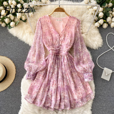 Rochie nouă din șifon florală pentru femei, primăvară, vară, mâneci bufante, sexy, cu decolteu în V, rochii de plajă, rochii franțuzești elegante, scurte, rochii