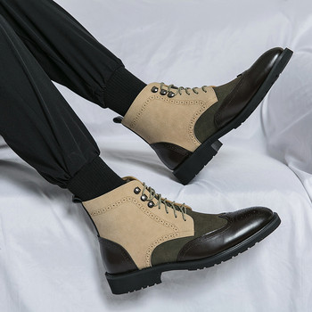 2023 Зелени есенно-зимни модни ботуши с остър пръст Удобни работни мъжки високи кожени обувки Външни мотоциклетни ботуши