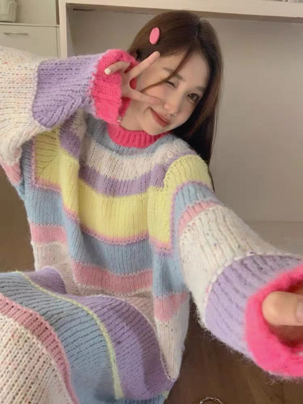 Pletena haljina na pastelne pruge Ugodna džemper haljina dugih rukava s okruglim izrezom za žene Jesen Zima Meka odjeća za djevojke