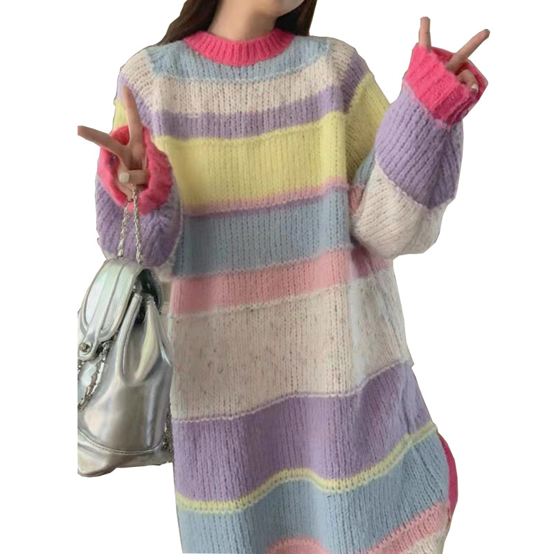 Pletena haljina na pastelne pruge Ugodna džemper haljina dugih rukava s okruglim izrezom za žene Jesen Zima Meka odjeća za djevojke