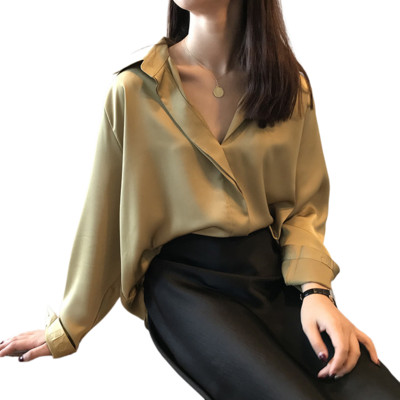 Proljeće Ženska moda Satenska bluza dugih rukava Vintage Femme V izrez Ulične košulje Elegantna imitacija svilene bluze Jesen 5273