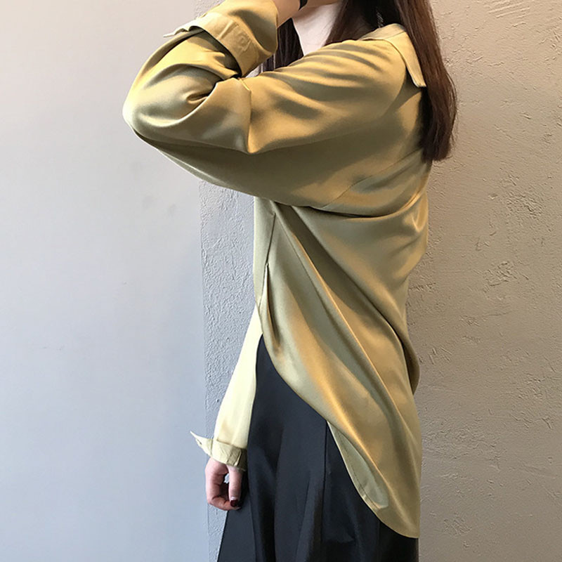 Proljeće Ženska moda Satenska bluza dugih rukava Vintage Femme V izrez Ulične košulje Elegantna imitacija svilene bluze Jesen 5273