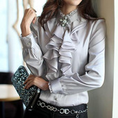 Ženske modne košulje od čipke sa samostojećim ovratnikom i volanima, visokokvalitetne satenske bluze dugih rukava OL Mujer Blusa košulja plus veličina S-XXL