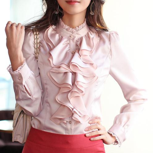 Ženske modne košulje od čipke sa samostojećim ovratnikom i volanima, visokokvalitetne satenske bluze dugih rukava OL Mujer Blusa košulja plus veličina S-XXL