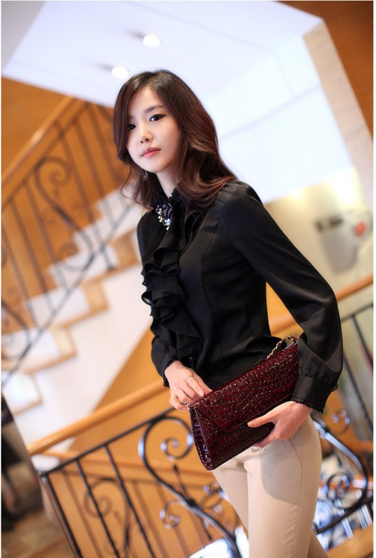 Ženske modne košulje od čipke sa samostojećim ovratnikom i volanima, visokokvalitetne satenske bluze dugih rukava OL Mujer Blusa košulja plus veličina S-XXL