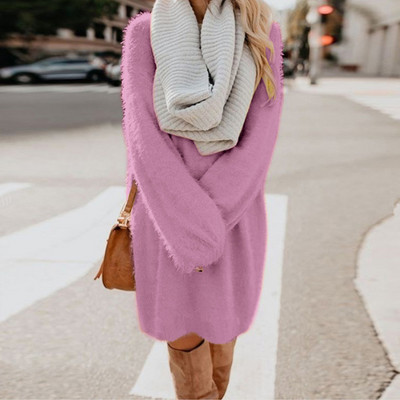 Mini rochie caldă de pluș cu gât roșu pentru femei, tricot de iarnă, cu buzunar, pulover cu mânecă lungă, rochii de damă, Rochii pentru femei