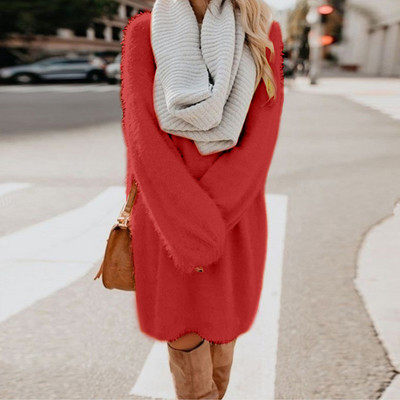 Mini rochie caldă de pluș cu gât roșu pentru femei, tricot de iarnă, cu buzunar, pulover cu mânecă lungă, rochii de damă, Rochii pentru femei