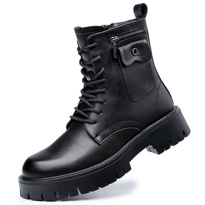 Vīriešu zābaki ar šņorīti, apaļš purngals, brīvā laika pavadīšana, vīriešu ikdienas ādas apavi Neslīdoši Trend Gumijas ziemas plīša