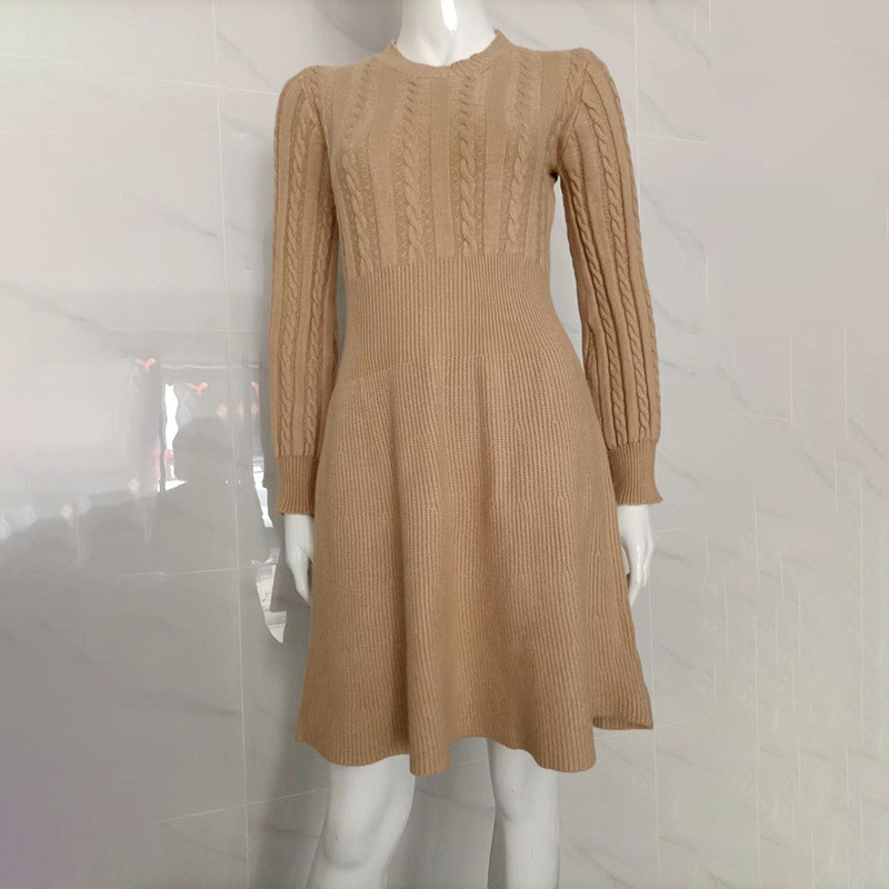 2022. gada vienkrāsains rudens ziemas ziemas trikotāžas kleita ar O veida izgriezumu korejiešu garām piedurknēm, tieva vidēja garuma brīva, silta pulovera džempera kleita