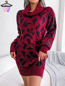 Jauna rudens ziemas džemperkleita, moderna, seksīga bruņurupuču apkakle ar garām piedurknēm jostasvietā ar leoparda rakstu trikotāžas, silta kleita ballītei