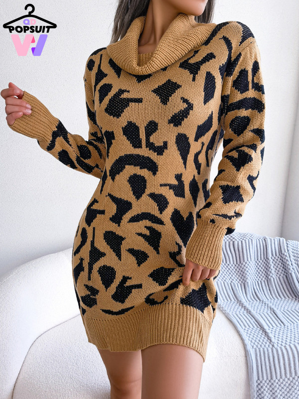Jauna rudens ziemas džemperkleita, moderna, seksīga bruņurupuču apkakle ar garām piedurknēm jostasvietā ar leoparda rakstu trikotāžas, silta kleita ballītei