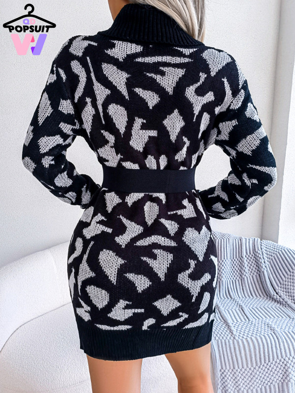 Jauna rudens ziemas džemperkleita, moderna, seksīga bruņurupuču apkakle ar garām piedurknēm jostasvietā ar leoparda rakstu trikotāžas, silta kleita ballītei