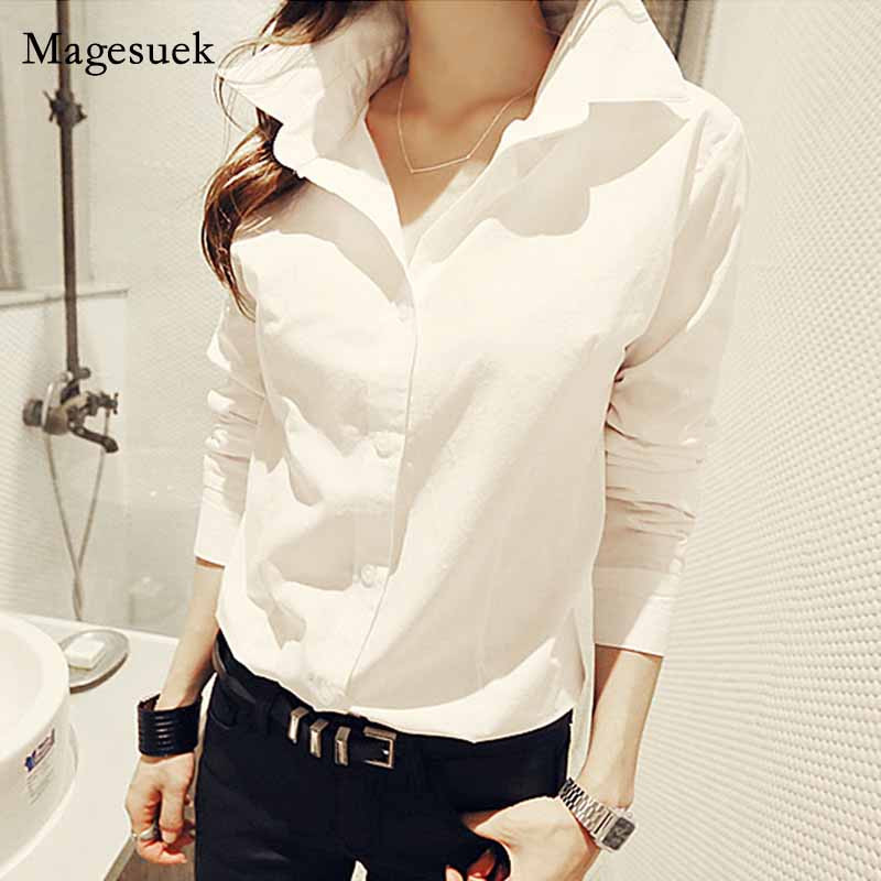 Jesenska uredska dama, uski donji dio, bijela košulja u vintage korejskom stilu, šik bluza s dugim rukavima na preklop, ženske ležerne majice s gumbima 12653