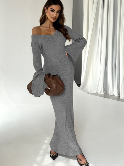 Toamnă iarnă 2023 rochie de femei elegantă cu mâneci lungi cu decolteu în V rochie elastică tricotată la modă bodycon rochii sexy de colecție de femei