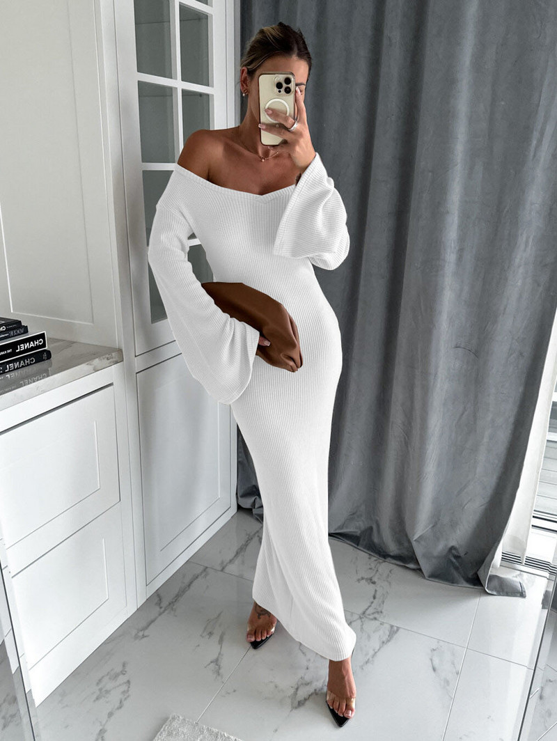 Ženska haljina jesen zima 2023. Elegantna, elastična pletena haljina dugih rukava s V izrezom, modni uzrez Seksi ženska kolekcija Vestidos