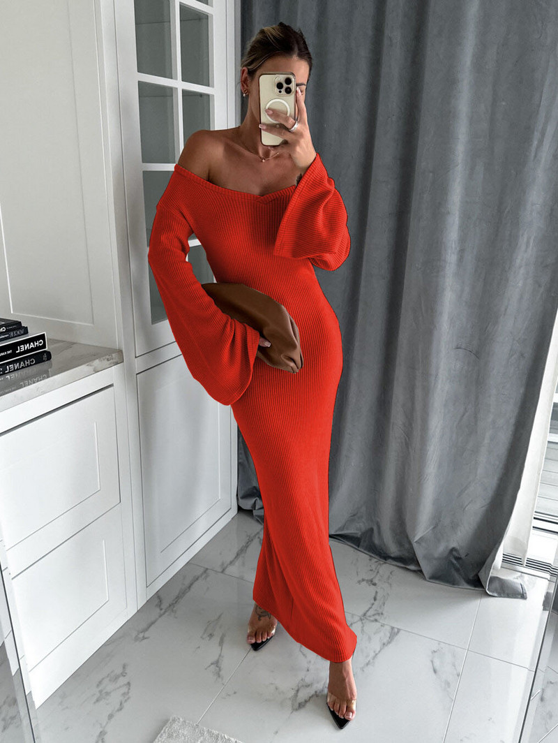 Ženska haljina jesen zima 2023. Elegantna, elastična pletena haljina dugih rukava s V izrezom, modni uzrez Seksi ženska kolekcija Vestidos