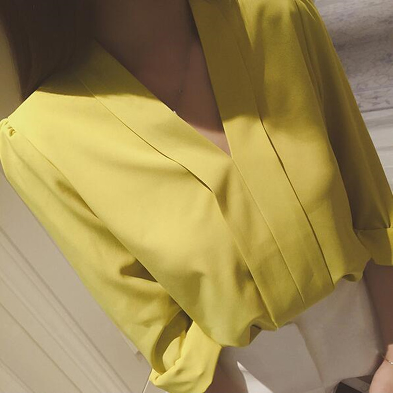 Ανοιξιάτικο φθινοπωρινό σιφόν πουκάμισο γραφείου Γυναικείο καινούργιο λεπτό γιακά V γυναικεία μονόχρωμη μπλούζα μακρυμάνικο casual κάτω πουκάμισο τοπ H9133