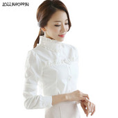 Sieviešu baltā šifona blūze ar garām piedurknēm biroja krekls ar volāniem korejiešu modes sieviešu šifona krekls