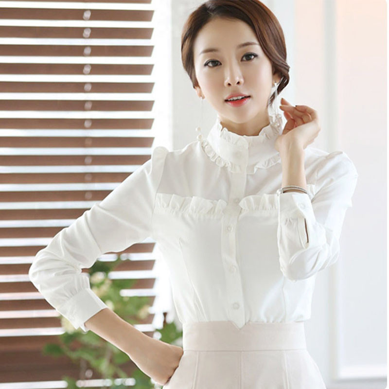 Sieviešu baltā šifona blūze ar garām piedurknēm biroja krekls ar volāniem korejiešu modes sieviešu šifona krekls