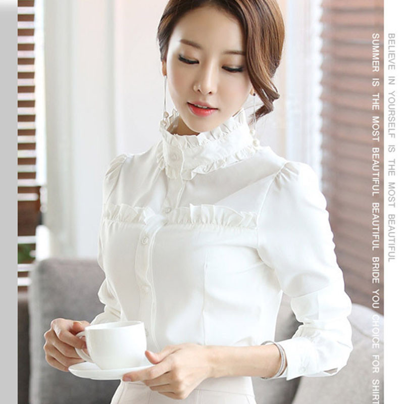 Sieviešu baltā šifona blūze ar garām piedurknēm biroja krekls ar volāniem korejiešu modes sieviešu šifona krekls