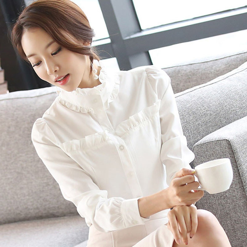 Sieviešu baltā šifona blūze ar garām piedurknēm biroja krekls ar volāniem korejiešu modes sieviešu šifona krekls