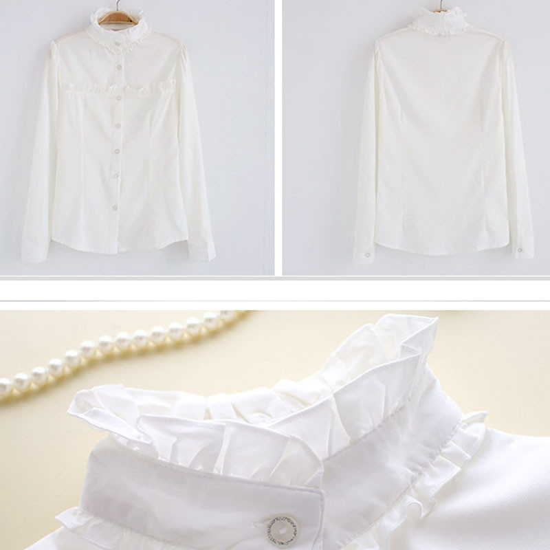 Sieviešu baltā šifona blūze ar garām piedurknēm biroja krekls ar volāniem korejiešu modes sieviešu šifona krekls