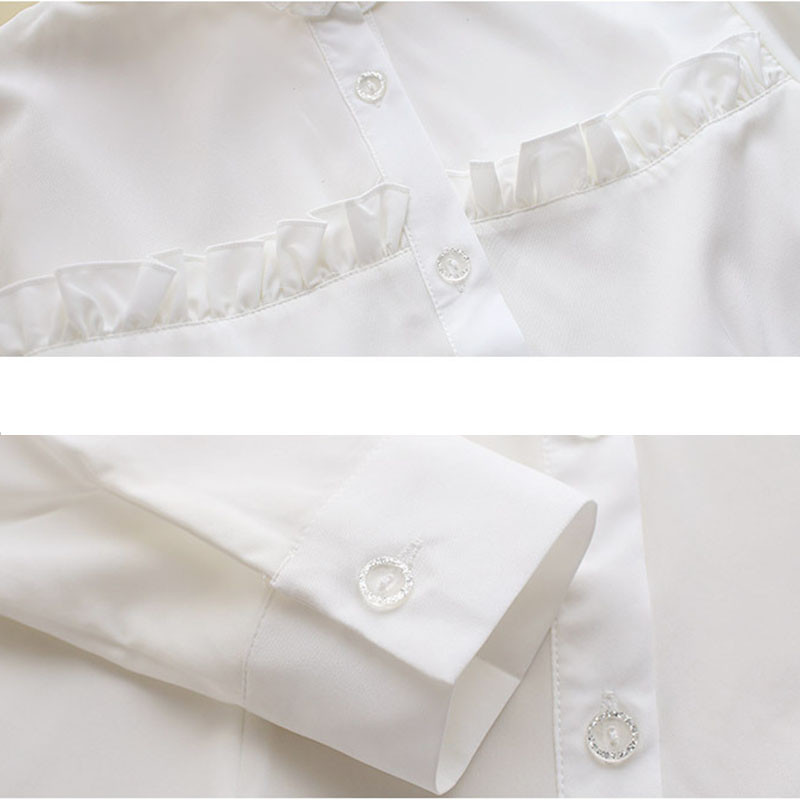 Sieviešu baltā šifona blūze ar garām piedurknēm biroja krekls ar volāniem korejiešu modes sieviešu šifona krekls