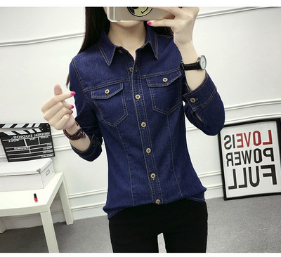 Mados pavasario rudens, moteriškos medvilnės kišenės, apverčiamos apykakle, palaidinė pilnomis rankovėmis Mėlynos spalvos džinsiniai marškinėliai.