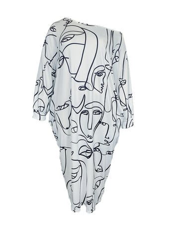 Casual φόρεμα Plus Size, Γυναικείο Plus Abstract Face Print One Shoulder Μακρύ μανίκι μάξι φόρεμα με τσέπες