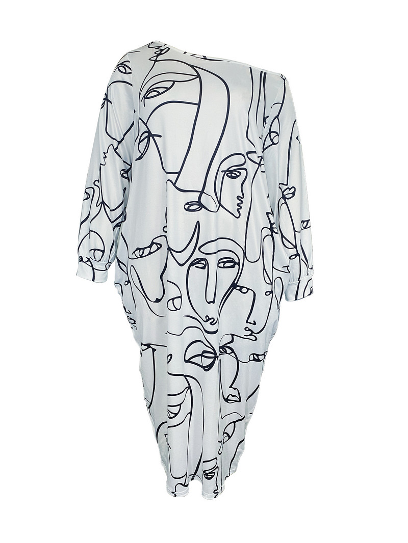 Rochie ocazională de dimensiuni plus, rochie maxi cu buzunare, cu mânecă lungă, cu un umăr, cu imprimeu abstract, cu gât