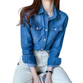 Nova ženska bluza s jednim kopčanjem s otvorenim ovratnikom i punih rukava s džepom za proljeće i jesen, plava traper košulja, ležerna majica