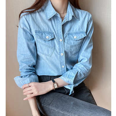 Nova ženska bluza s jednim kopčanjem s otvorenim ovratnikom i punih rukava s džepom za proljeće i jesen, plava traper košulja, ležerna majica