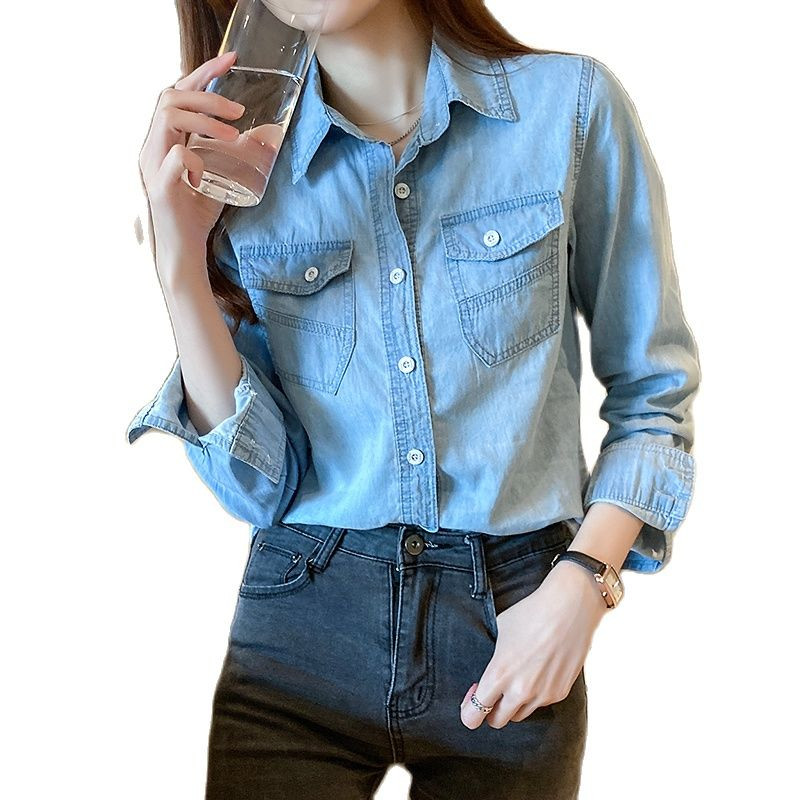 Nova ženska bluza s jednim kopčanjem s otvorenim ovratnikom i punih rukava s džepom za proljeće i jesen, plava traper košulja, ležerna majica