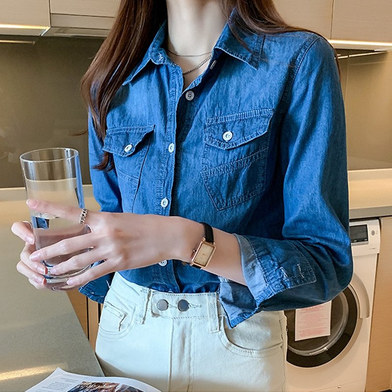 Nova ženska bluza s jednim kopčanjem s otvorenim ovratnikom i punih rukava s džepom za proljeće i jesen, plava traper košulja, ležerna majica