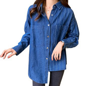 Moda Proljeće Jesen Ženska prugasta bluza s džepovima punih rukava Ženska bluza s nepravilnim porubom Široka duga traper košulja velike veličine, ležerne majice