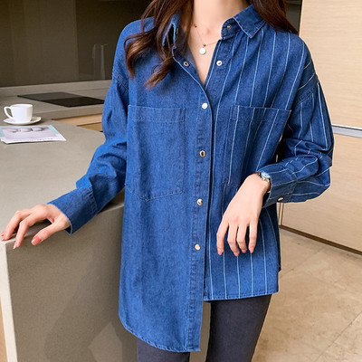 Moda Proljeće Jesen Ženska prugasta bluza s džepovima punih rukava Ženska bluza s nepravilnim porubom Široka duga traper košulja velike veličine, ležerne majice