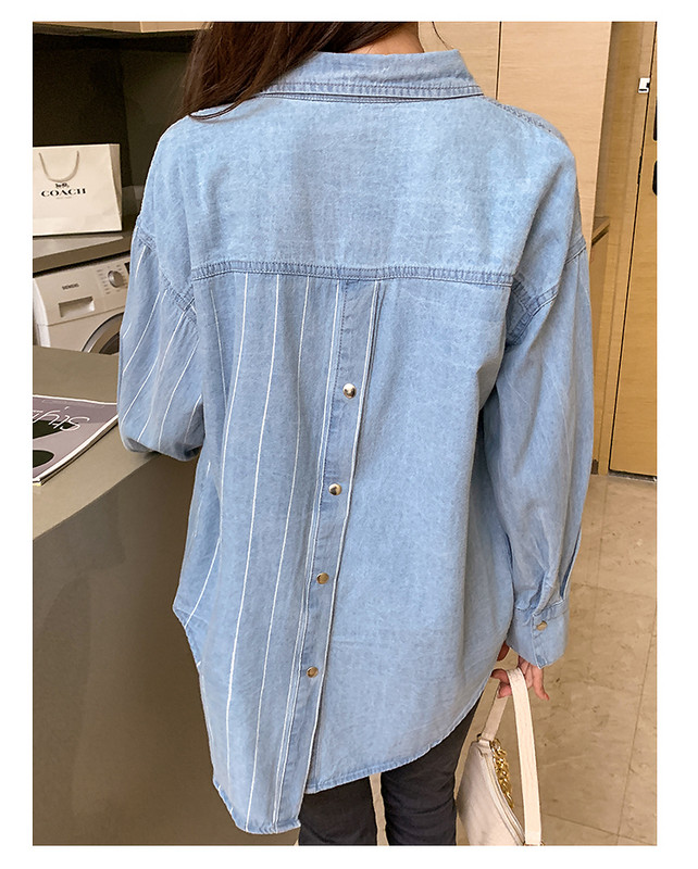 Moda Proljeće Jesen Ženska prugasta bluza s džepovima punih rukava Ženska bluza s nepravilnim porubom Široka duga traper košulja velike veličine, ležerne majice