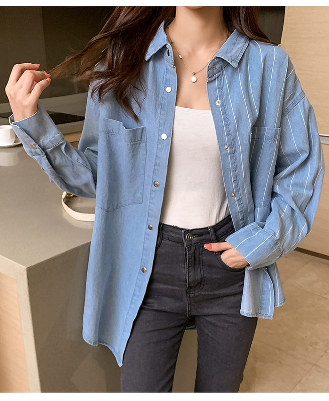 Moda Proljeće Jesen Ženska prugasta bluza s džepovima punih rukava Ženska bluza s nepravilnim porubom Široka duga traper košulja velike veličine, ležerne majice