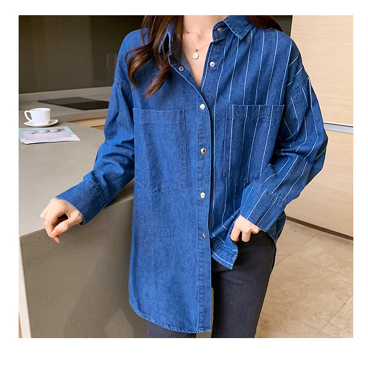 Moda Proljeće Jesen Ženska prugasta bluza s džepovima punih rukava Ženska bluza s nepravilnim porubom Široka duga traper košulja velike veličine, ležerne majice