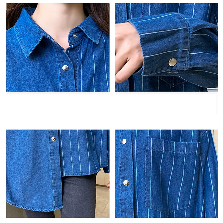 Moda Proljeće Jesen Ženska prugasta bluza s džepovima punih rukava Ženska bluza s nepravilnim porubom Široka duga traper košulja velike veličine, ležerne majice