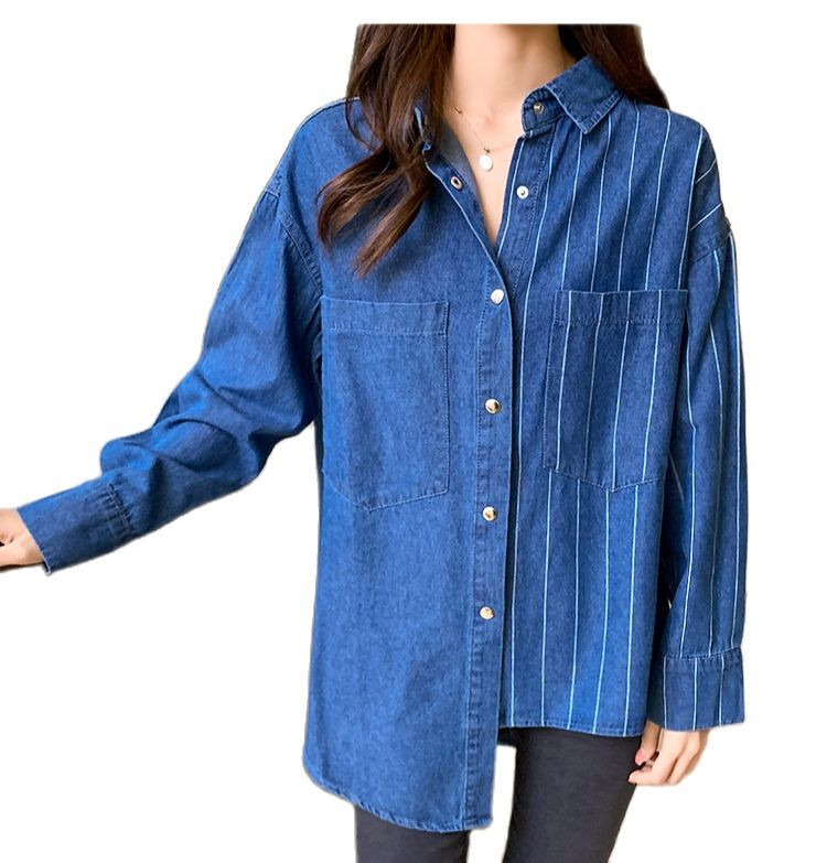 Moda Proljeće Jesen Ženska prugasta bluza s džepovima punih rukava Ženska bluza s nepravilnim porubom Široka duga traper košulja velike veličine, ležerne majice